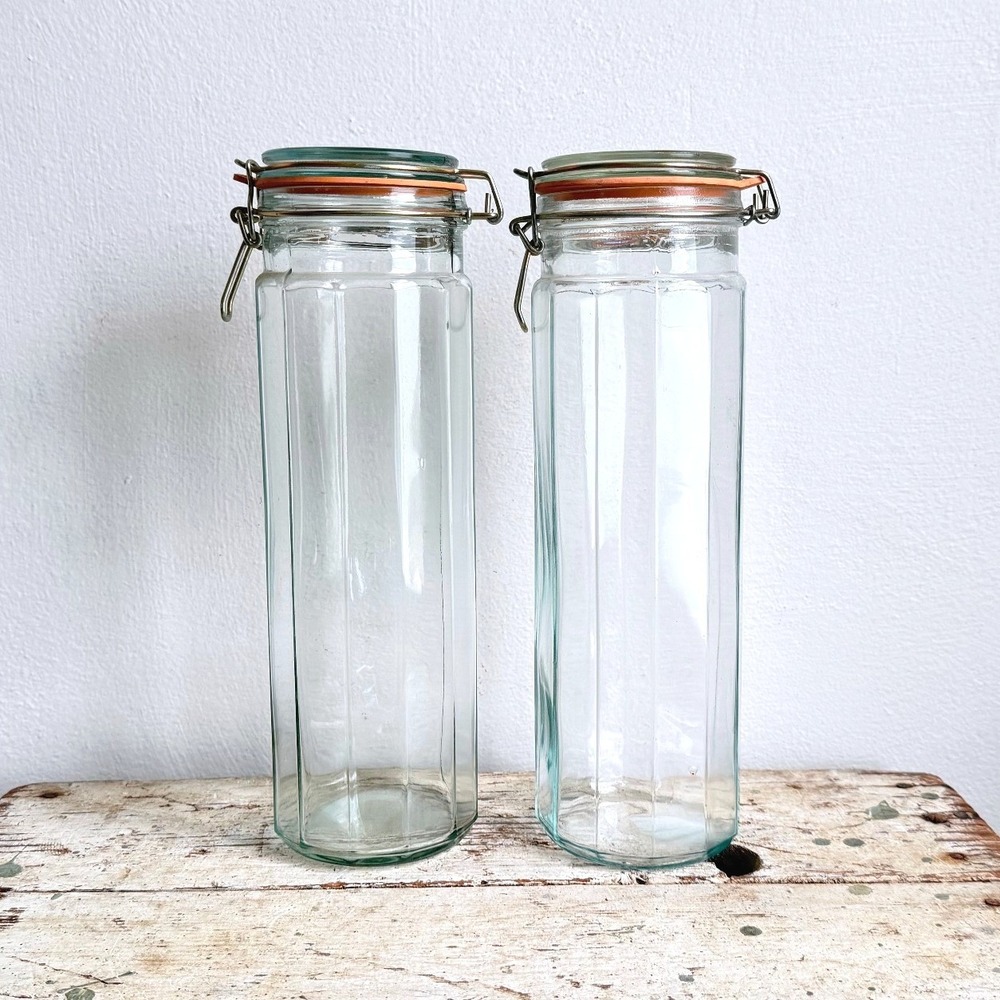 Vintage Tall Octagonal Glass Spaghetti Canisters Wire Bail Lids Set 2 CSGD